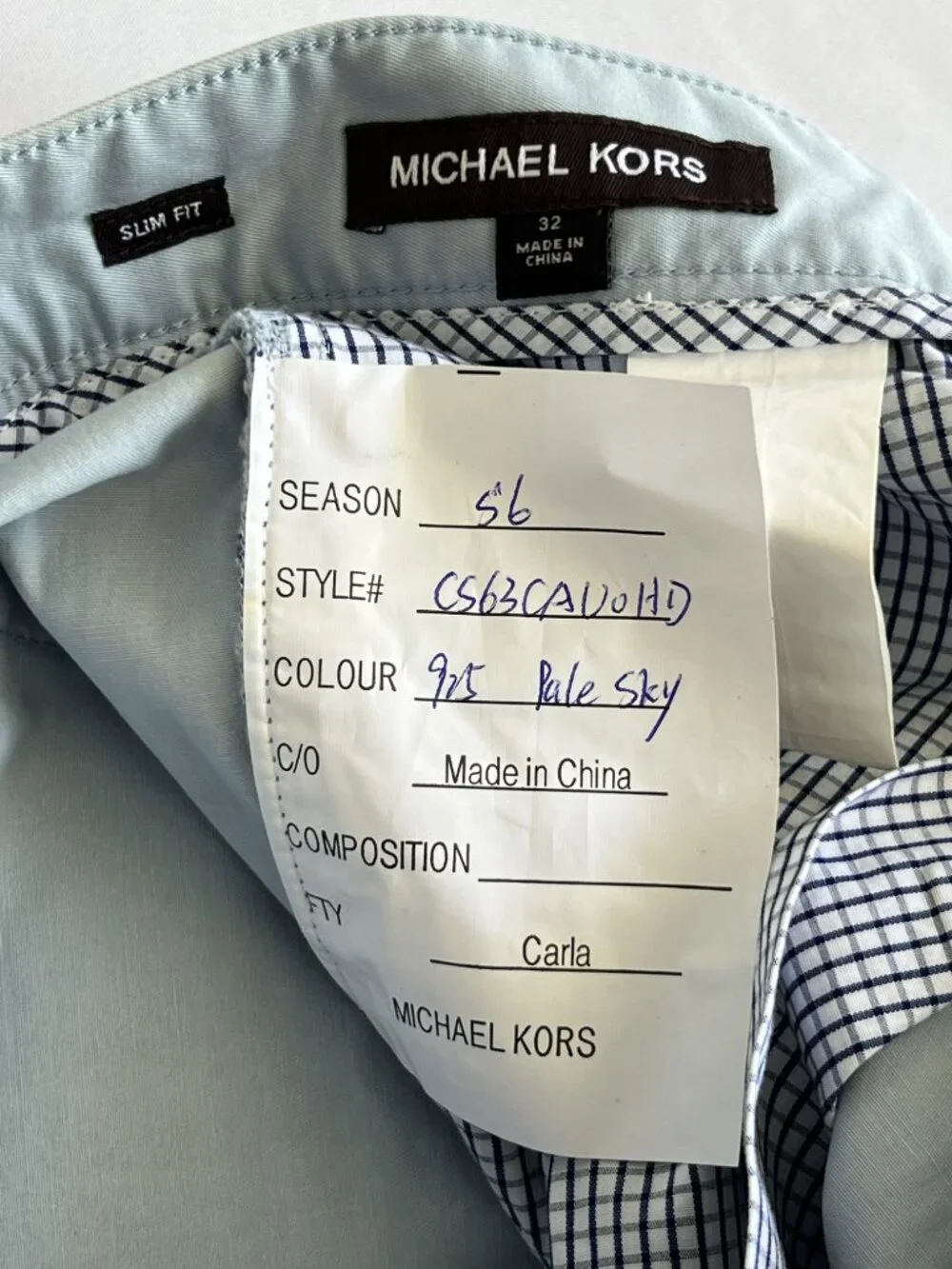 RARE Michael Kors Pre-Production Fit Sample Men's Pants Sz 32 Pale Sky NWT